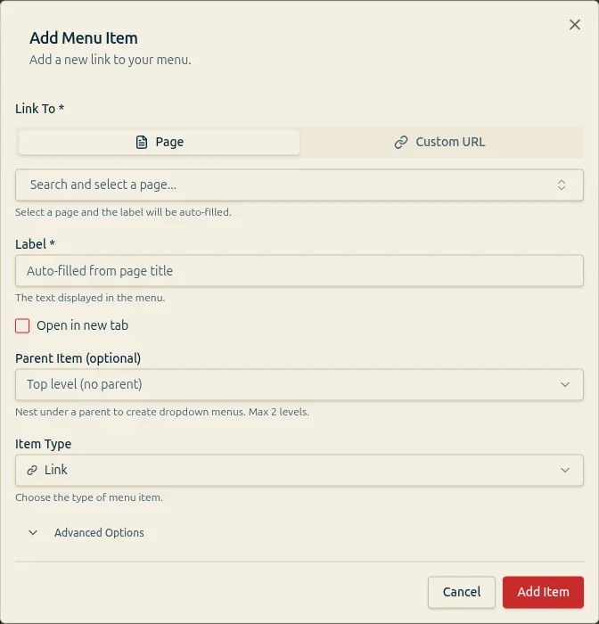 Add Menu Item dialog with the Page tab selected, page search, Label, Open in new tab, Parent Item, Item Type, and Add Item controls.