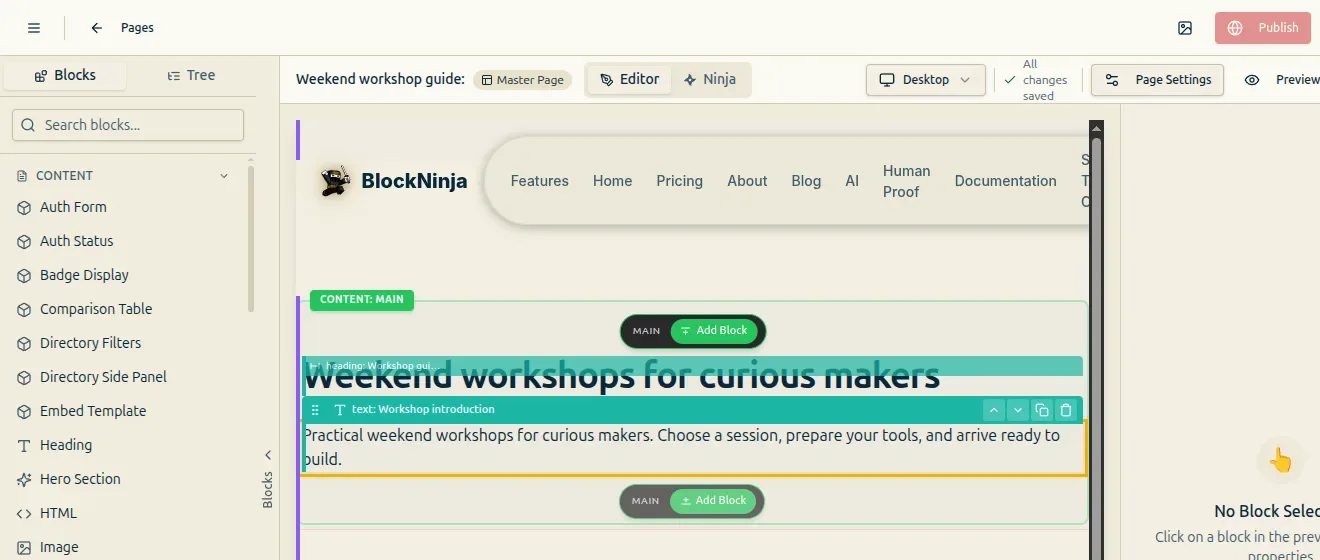 BlockNinja page editor showing a Heading and Text block in the Main slot, with All changes saved and Publish available.