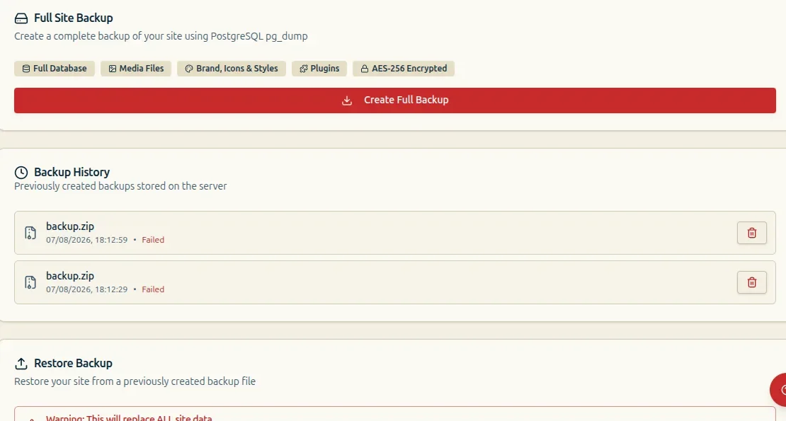 Backup screen showing full-site coverage, two failed backup history entries, and the beginning of the restore section.