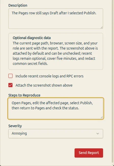 Report a Bug form with a fictional publishing symptom, optional diagnostics, reproduction steps, severity, and Send Report.