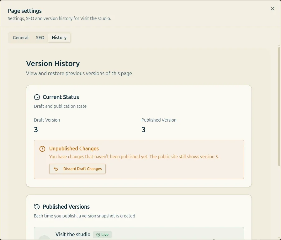 Page settings History tab showing draft version 3, published version 3, an Unpublished Changes warning, and the Discard Draft Changes control.