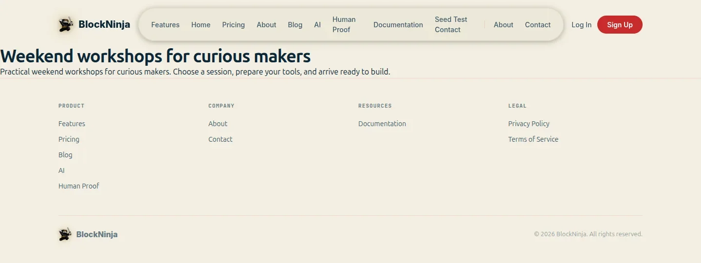 Published Weekend workshop guide at desktop width, with one main heading and introductory text above the site footer.