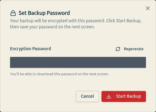 Set Backup Password dialog with the encryption password obscured and Regenerate, Cancel, and Start Backup controls.
