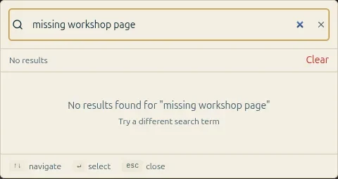 Admin search showing no result for missing workshop page, with guidance to try a different term.