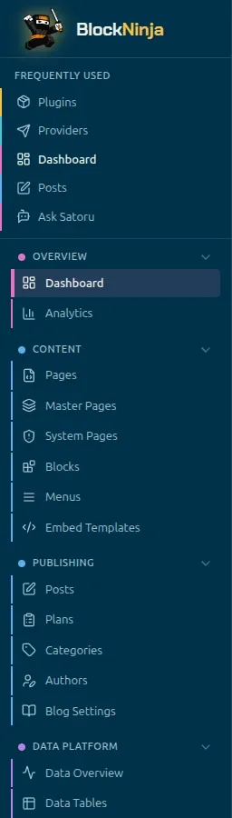 Admin sidebar grouped into Frequently Used, Overview, Content, Publishing, and Data Platform.