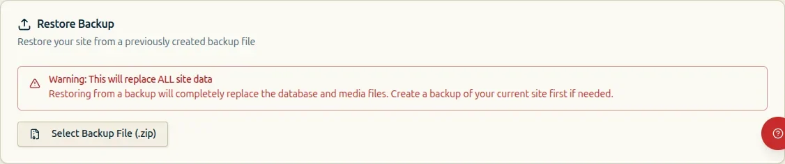 Restore Backup panel warning that restoration replaces all site data before the backup file selector.