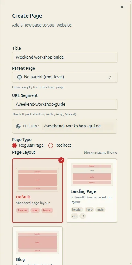Create Page form filled with a page title, root-level URL segment, Regular Page type, and Default layout selected.