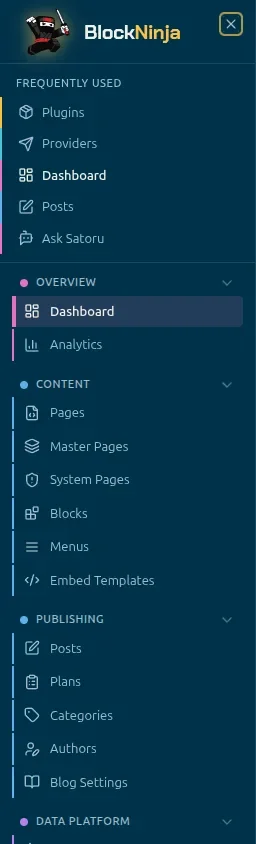 Navigation drawer opened from the narrow admin header, with a Close control above the grouped sidebar.