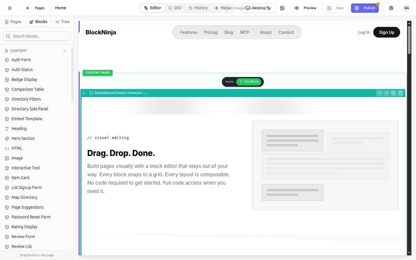 Drag blocks. Ship pages.